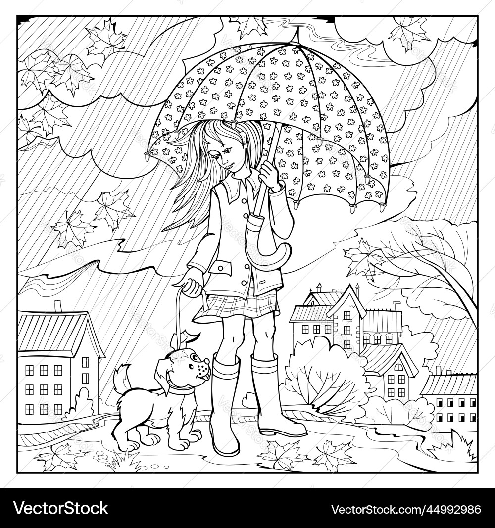 Rainy Day Coloring Page Girl And Dog Royalty Free Vector VectorStock