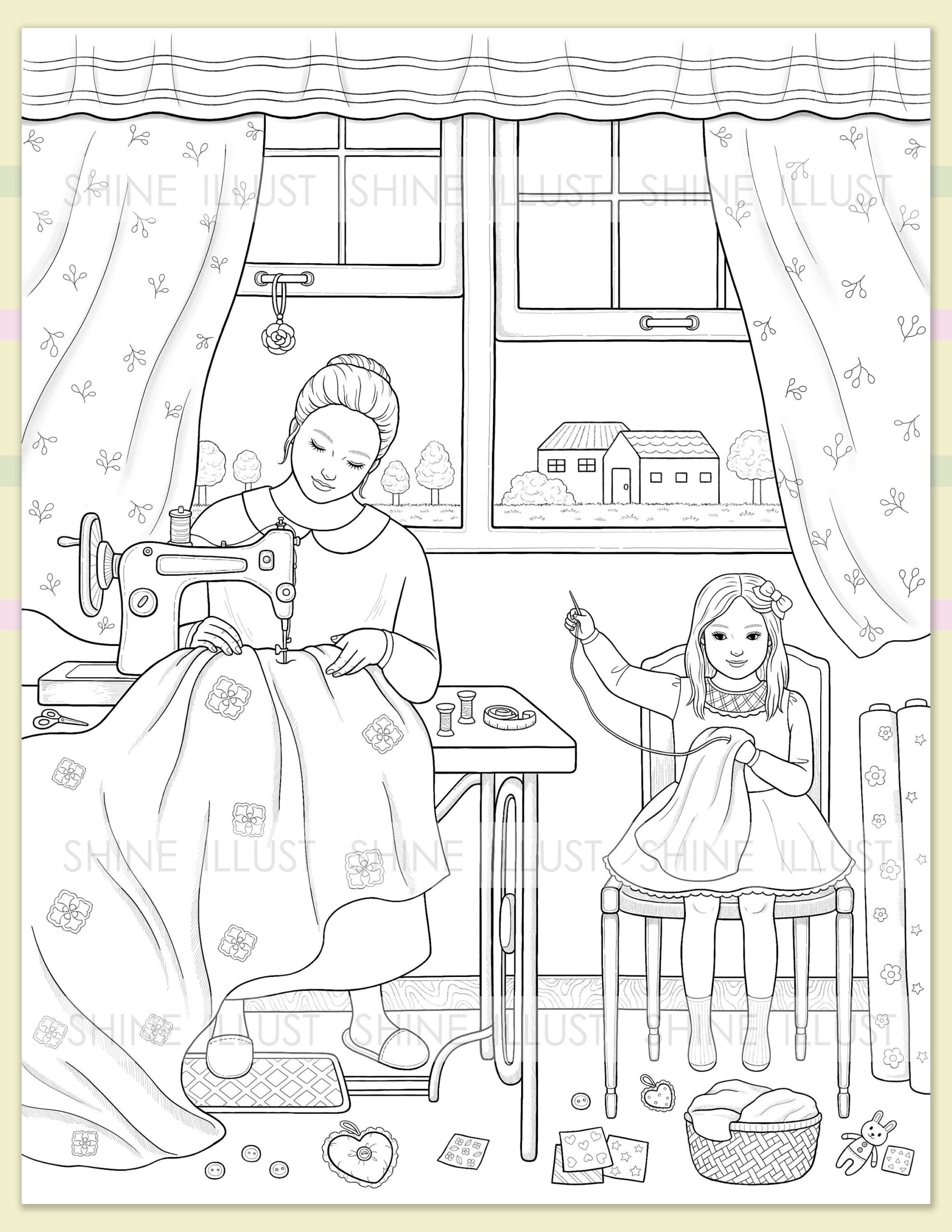 Sewing Mom And Daughter Coloring Page instant Download Etsy