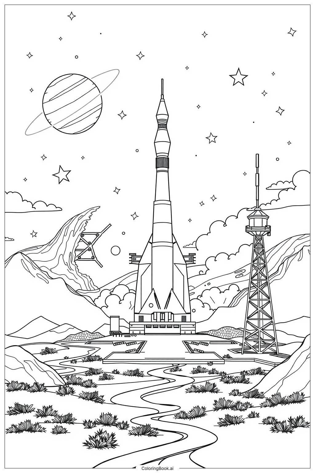 Space Rocket Launch Coloring Page Free PDF PNG Printable 
