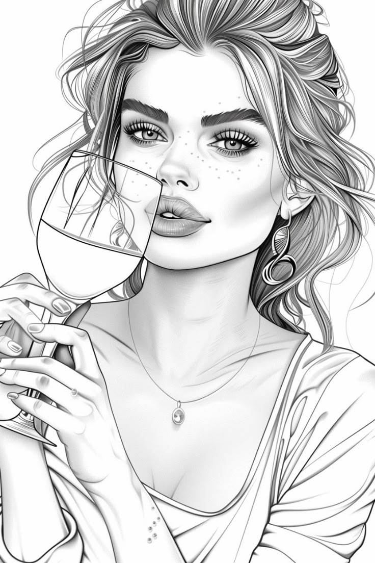 Young Woman With A Glass Of Wine Free Printable Coloring Page Young Woman With A Glass Of Wine Free Printable Coloring Page